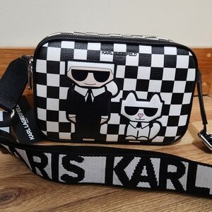 Karl Lagerfeld Black and White Checkered Camera Style Crossbody Bag NWT